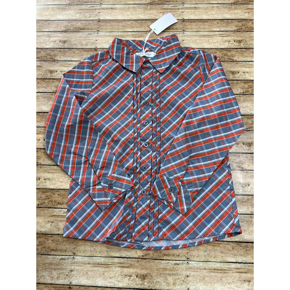 NWT My Three Sons by Evie's Closet Gray and Orange Plaid Button Up Shirt 8y